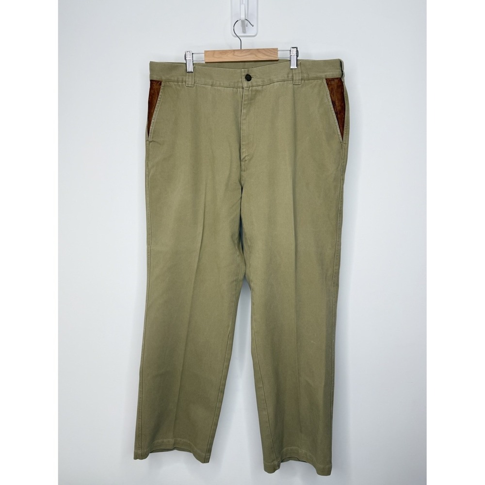 VTG Orvis Canvas Pants Mens 38x30 Khaki Forest Leather Trim Hunting Safari 90s